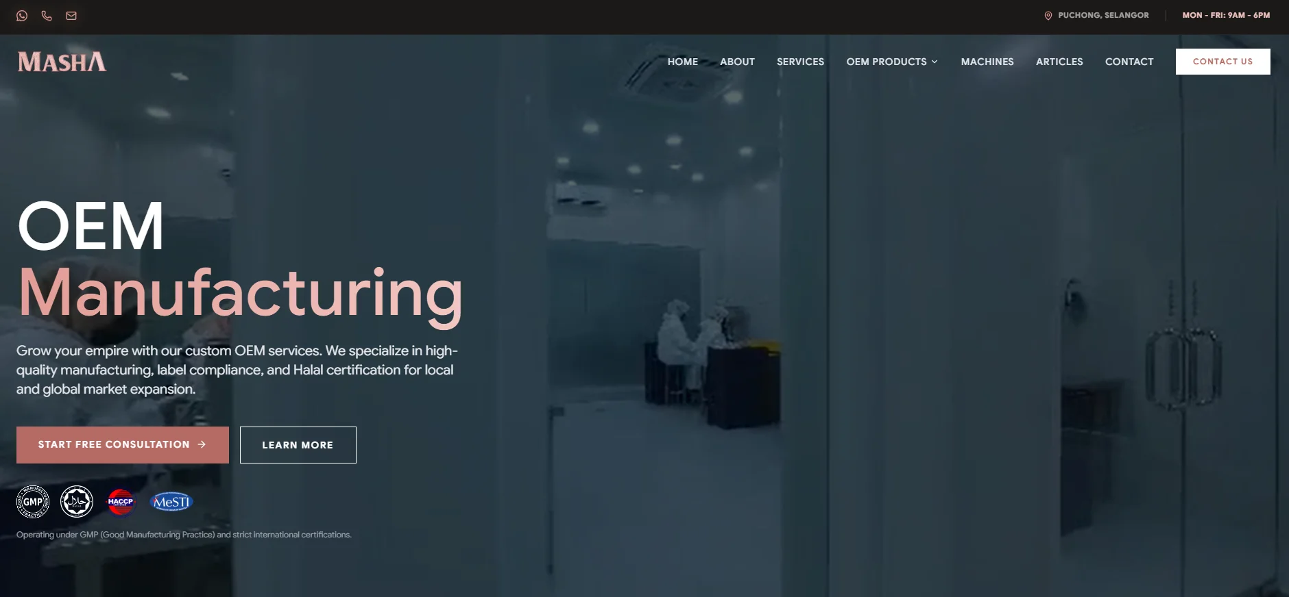 Website showcasing OEM manufacturing services with GMP and Halal certifications. Features consultation buttons and a laboratory background.